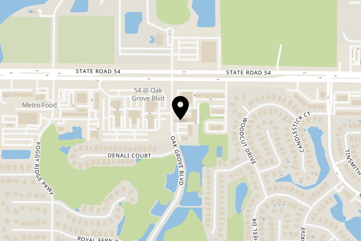 Map showing the location of Garden Mediterranean Grill on 1900 Oak Grove Blvd in Lutz